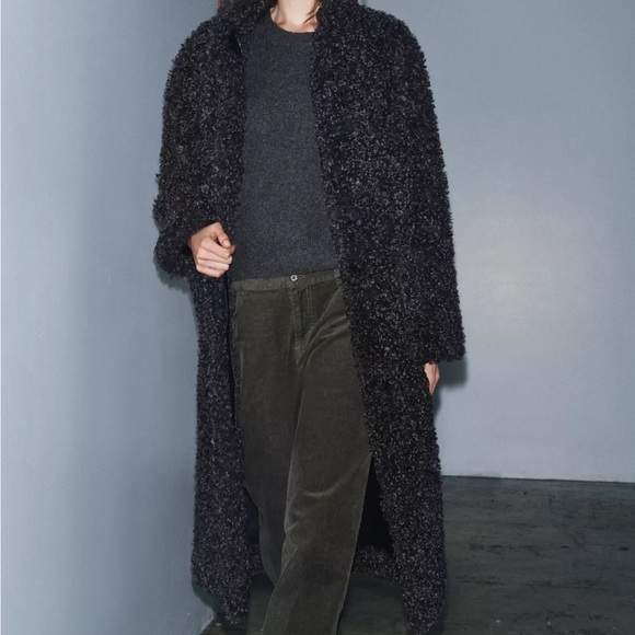 New Zara faux shearling long fleece teddy coat in taupe gray - small - Picture 4 of 11
